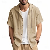 cheap Business Casual-Men&#039;s Shirt White Cotton Shirt Casual Shirt Button Up Shirt Cotton Shirt Plain Vacation Street Black White Khaki Gray Short Sleeve Hooded Summer Clothing Apparel Button-Down