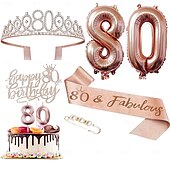 economico Forniture per eventi e feste-set deluxe da 6 pezzi per festa di compleanno in oro rosa - numeri di palloncini (10-80), tiara, fascia, candeline per torta, cake topper - per bambine &amp; donne