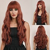baratos Perucas Sintéticas sem Touca-Perucas sintéticas Ondulado Trama Curly Corte em Camadas Com Franjas Fabrico à Máquina Peruca 28 polegadas A1 Cabelo Sintético Mulheres Clássico Confortável Cores Gradiente Âmbar Marrom