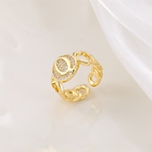 voordelige Geschenken-gepersonaliseerde letterring, cadeau voor moeder, 18k vergulde koperen ring, glad hartontwerp, verstelbare open band met zirkoon, stijlvolle en veelzijdige sieraden voor vrouwen
