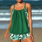 billiga Leopard badkläder-Dam Plusstorlekar Badkläder Tankini 2 st Längre baddräkt Hög midja Baddräkt Hög midja Smal Stickat Stylish Standkläder Leopard Tropisk Rund hals Ärmlös Baddräkter
