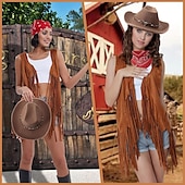 cheap Outfits-Western Outfits for Women Cowgirl Tassel Sleeveless Vest Cowboy Hat and Paisley Bandana