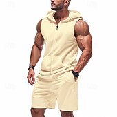 cheap Men&#039;s Tee Sets-Men&#039;s T-shirt Suits 2 Pieces Outfits Tee &amp; Shorts Short Sleeve Hooded Summer Plain Fashion Casual 2 Piece Vacation Daily Wear Going out Black Yellow Red Top Tee for Men