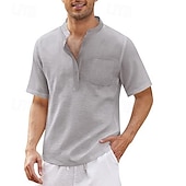 preiswerte Herren Popover Hemden-Herren Hemd Sommerhemd Freizeithemd Strandhemd Knopfhemd Schwarz Weiß Blau Dunkel Blau Armeegrün Kurzarm Einfach Stehkragen Urlaub Hawaiianisch Tasche Bekleidung Polyester Mode Lässig Bequem