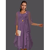abordables Avec veste-Robe à deux pièces A-ligne pour la mère de la mariée à la plage invitée de mariage élégant col arrondi longueur genou chiffon dentelle sans manches vestes avec plis et appliqués 2025 taille