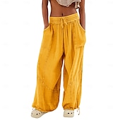 ieftine Pantaloni din bumbac simplu-pantaloni din bumbac și pânză pentru femei, îmbrăcăminte stradală la modă, confort, lungime, talie înaltă, șnur simplu, talie elastică, șnur confortabil în aer liber, ținută confortabilă de zi cu zi