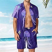 preiswerte Bedruckte Hemden-Sets für Herren-Herren Quallen 2St Hemden-Sets Sommeroberteile Kurzarm Kurze Hosen Umlegekragen Resort Outdoor Lässig Urlaubskleidung 3D-Druck Sommer Violett