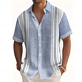 halpa Geometric Pattern-Miesten Geometrinen Raidoitettu Paita Rento paita Button Up paita Lyhythihainen Muoti rento Loma Pyhäpäivä Katuvaatteet Kesä Sänkyjen avaus 3D-tulostus kauluspaidat Edessä yksi tasku Vaalea purppura