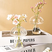 billige Statuer-gjennomsiktig glass soppformet vase, innendørs bordplate blomsteroppsatsbeholder, koselig midtpunkt for hjemmet og spisestuen, egnet for blomster, grønne planter og hydroponisk dekor