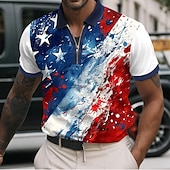 cheap Independence Day Polos-Men&#039;s American US Flag Zip Polo Shirts Short Sleeve Polo Shirts Collared Shirts Casual Athleisure Daily Wear 3D Print Summer Red Navy Blue Sky Blue