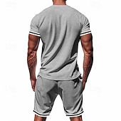 abordables Conjuntos de camisetas básicas para hombre-Hombre Trajes de camiseta Trajes de 2 piezas Camiseta y pantalones cortos Manga Corta Cuello Mao Verano A Rayas Moda Casual 2 Piezas Vacaciones Ropa Cotidiana Noche Negro Rojo Azul Marino Oscuro