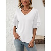cheap Plain tee-Women&#039;s T Shirt Plain Fashion Modern Short Sleeve V Neck Regular Tops Daily Ruffle Black White Wine Sky Blue Fuchsia Summer