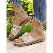 abordables Sandales de Vacances-Sandales à enfiler noires cloutées pour femmes – sandales plates tendance à rivets dorés pour l&#039;été, la plage et les sorties décontractées