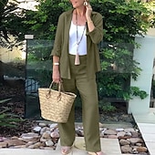 voordelige Stelt in-Dames Dagelijks Overhemd Katoenen linnen sets Tweedelige sets Lange mouw Overhemdkraag Effen Kleur Dubbele Rij Knopen Alledaagse kleding Casual / Dagelijks Leger Groen Donker Marineblauw Grijs Zomer