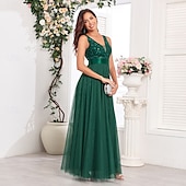 preiswerte Abendkleider-A-Linie Abendkleid Elegant Kleid Abendgesellschaft Abschlussball Bodenlang Ärmellos V Ausschnitt Gürtel / Schärpe Tüll V-Ausschnitt mit Glitzer Stickerei 2025