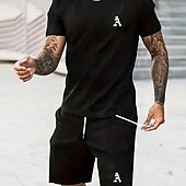 abordables Ensembles de t-shirts imprimés pour hommes-Homme Lettre a 2 pièces Ensembles de tees Hauts d'été Manche Courte Pantalon court Col ras du cou Sport Occasionnel Extérieur Vacances Sport Impression 3D Été Noir