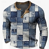 billige Geometrisk-Herre Grafisk Ruter Henly-skjorte Vaffel T-skjorte Langermet 3D-utskrift Designer Fritid Vintage retro Sport &amp; Utendørs Ferie Festival Vår &amp; Vinter Lyseblå Navyblå Kongeblå Blå Himmelblå Henley