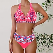 billiga Blommig baddräkt-Dam Badkläder Bikini Tankini 2 st Kaxig Baddräkt Djup V-hals Tryck upp Stickat Semester Tropisk Blommig Färgblock Doppa Ärmlös Baddräkter
