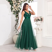 preiswerte Abendkleider-A-Linie Abendkleid Elegant Kleid Abendgesellschaft Abschlussball Bodenlang Ärmellos V Ausschnitt Gürtel / Schärpe Tüll V-Ausschnitt mit Glitzer Stickerei 2025