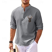 economico camicie casual da uomo-Per uomo Camicia popover Camicia Estiva Camicia casual Camicia da Spiaggia Camicia a maglia a nido d&#039;ape Nero Bianco Blu Azzurro cielo Grigio scuro Manica Lunga Renna Motivo Collo alla coreana Henley