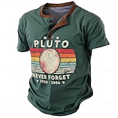 abordables Palabras divertidas-Hombre Nunca olvides a Plutón Camiseta Henley Shirt Manga Corta Impresión 3D Retro Antiguo Casual Deporte Casual Diario Primavera verano Azul Marino Marrón Verde Trébol Gris Henley Camiseta Henley