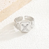 cheap Gifts-Personalized Letter Ring, Gift for Mom, Copper with Zircon Alphabet Ring, Vintage-Style Chain Design, Adjustable Open Band, Minimalist Aesthetic Jewelry for Women