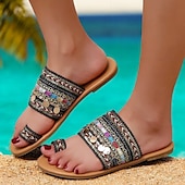 ieftine Sandale de vacanță-sandale de damă în stil boho cu margele, cu bretele colorate și inel pentru degete – pantofi de vară cu vârf deschis pentru ținute casual de plajă
