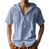 cheap Business Casual-Men&#039;s Shirt White Cotton Shirt Casual Shirt Button Up Shirt Cotton Shirt Plain Vacation Street Black White Khaki Gray Short Sleeve Hooded Summer Clothing Apparel Button-Down