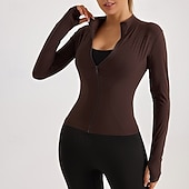 رخيصةأون تي شيرتات وبلوزات بدون أكمام للجري-نسائي تيشيرت للجري سحاب كم طويل تي شيرت فضفاض ملابس الرياضة لون سادة سريع جاف متنفس تمرين نادي رياضي المشي الركض ملابس رياضية ألبسة رياضية أسود مشمشي كوفي