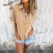 ieftine Cămăși-Cămașă Bluză din Bumbac și In Culori Uni Elegant Casual Mânecă Scurtă Guler Regulare Tops Zilnic Sărbătoare Butoane Negru Alb Roșu Violet Khaki Vară Primăvară