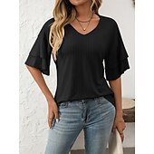 cheap Plain tee-Women&#039;s T Shirt Plain Fashion Modern Short Sleeve V Neck Regular Tops Daily Ruffle Black White Wine Sky Blue Fuchsia Summer