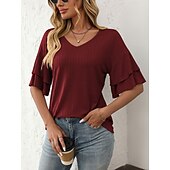 cheap Plain tee-Women&#039;s T Shirt Plain Fashion Modern Short Sleeve V Neck Regular Tops Daily Ruffle Black White Wine Sky Blue Fuchsia Summer