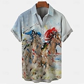 cheap Vintage Shirt-Kentucky Derby Men&#039;s Horse Racing Shirt Button Up Shirt Short Sleeve Vintage Retro Holiday Festival Summer Spring Turndown 3D Print Funny Kentucky Derby Shirts Blue Khaki
