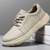 abordables Baskets-Baskets décontractées en cuir beige pour homme avec design à lacets - parfaites pour le confort au quotidien et les activités de loisirs