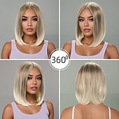 baratos Perucas Sintéticas sem Touca-Perucas sintéticas Liso Reta natural Parte do meio Com Franjas Fabrico à Máquina Peruca 14 polegadas A1 Cabelo Sintético Mulheres Repartida ao Meio Clássico Confortável Loiro