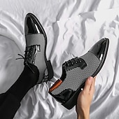 economico Formale-scarpe oxford da uomo in pied de poule bianco e nero con dettagli in vernice, elegante design con lacci per eventi formali alla moda