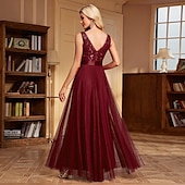 preiswerte Abendkleider-A-Linie Abendkleid Elegant Kleid Abendgesellschaft Abschlussball Bodenlang Ärmellos V Ausschnitt Gürtel / Schärpe Tüll V-Ausschnitt mit Glitzer Stickerei 2025