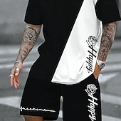 cheap Men's Printed Tees sets-Men's Rose 2pcs Tees sets Summer Tops Short Sleeve Short Pants Crew Neck Athleisure Sports &amp; Outdoor Going out Casual Daily Crewneck Summer Black-White