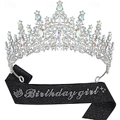 cheap Birthday Party Supplies-Birthday Party Elegant Birthday Girl 2-Piece Set Rhinestone-Embedded Crown and Sash for Ball and Party