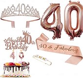 economico Forniture per eventi e feste-set deluxe da 6 pezzi per festa di compleanno in oro rosa - numeri di palloncini (10-80), tiara, fascia, candeline per torta, cake topper - per bambine &amp; donne