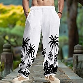 baratos Retrô-Homens Calças de linho Calças Calça verão Calças largas Com Cordão Cintura elástica Perna reta Coqueiro Conforto Respirável Comprimento total Ioga Diário Corrida Moda Retro Vintage Preto Branco