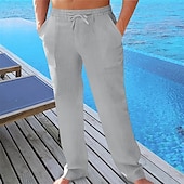 cheap Holiday-Men&#039;s Linen Pants Trousers Summer Pants Beach Pants Pocket Drawstring Elastic Waist Plain Comfort Breathable Vacation Daily Holiday Hawaiian Boho ArmyGreen Black
