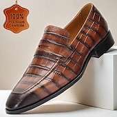 cheap Premium Leather Loafers-Men's Classic Brown Crocodile Pattern Leather Dress Shoes - Ideal for Business Meetings and Kentucky Derby