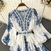 billiga Bohemklänningar-Dam Midiklänning Boho-klänning Klänning med tryck Mode Puffärmad Utomhus Helgdag Utekväll Normal Blomma Långärmad V-hals Blå Sommar