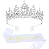 economico Forniture per Festa di Compleanno-fascia per capelli da regina per festa di compleanno, corona, 2 pezzi/set, argento, per donne, kit di decorazioni per compleanno, cerchietto per capelli per bambina, accessori per capelli con cristalli glitterati