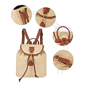economico Zaini alla moda-zaino in paglia per donna – borsa da viaggio in rattan intrecciato boho con cinturini in pelle, zaino da spiaggia estivo chic, borsa casual per le vacanze e l&#039;uso quotidiano bianco rosa marrone