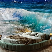 abordables Havstrand Teppe-Landscape Ocean Wave Hanging Tapestry Wall Art Large Tapestry Mural Decor Photograph Backdrop Blanket Curtain Home Bedroom Living Room Decoration
