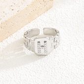 cheap Gifts-Personalized Letter Ring, Gift for Mom, Copper with Zircon Alphabet Ring, Vintage-Style Chain Design, Adjustable Open Band, Minimalist Aesthetic Jewelry for Women