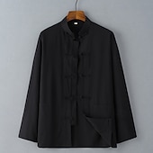 economico Casual da lavoro-Per uomo Camicia camicia di lino Maglietta informale Camicia con bottoni Camicia di cotone Liscio Da mare Per eventi Nero Bianco Blu marino Cachi Manica lunga A fascia Estate Primavera Abbigliamento