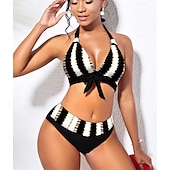 preiswerte Bikini-Sets-Damen Badeanzug Bikini Tankini Zweiteilig Monokini Freche Unterhose Bademode Tiefes V Push-Up Gestrickt Urlaub Tropisch Grafik Farbblock Stürzen Ärmellos Badeanzüge